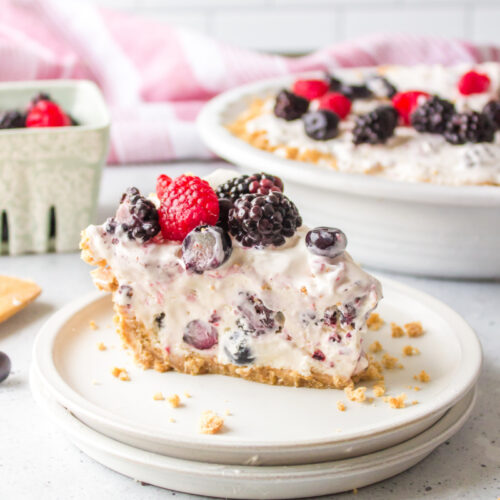 slice of easy no bake berry pie on plate