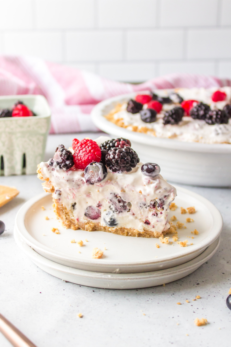 slice of easy no bake berry pie on plate