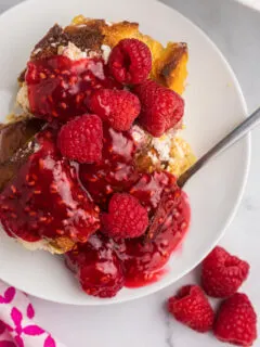 overnight raspberry french toast on a plate