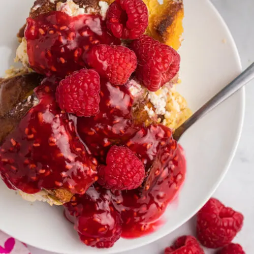 overnight raspberry french toast on a plate