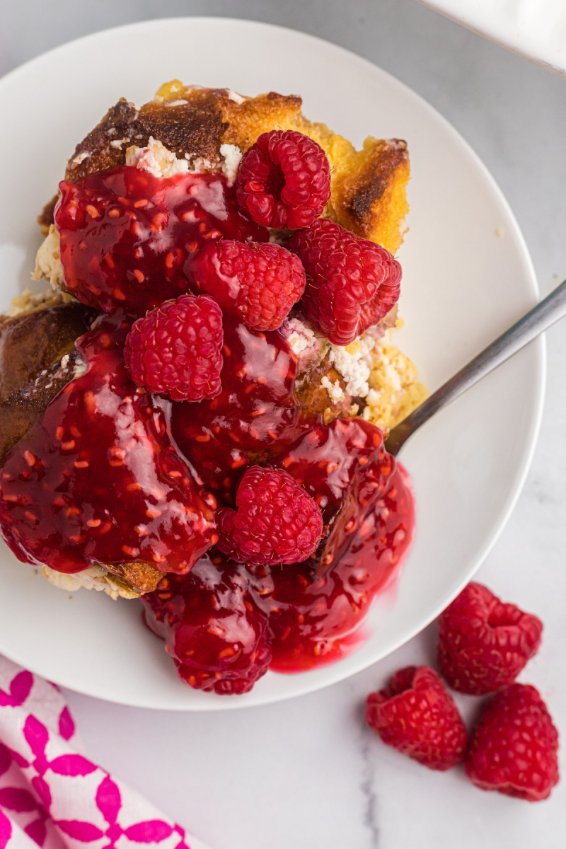 overnight raspberry french toast on a plate