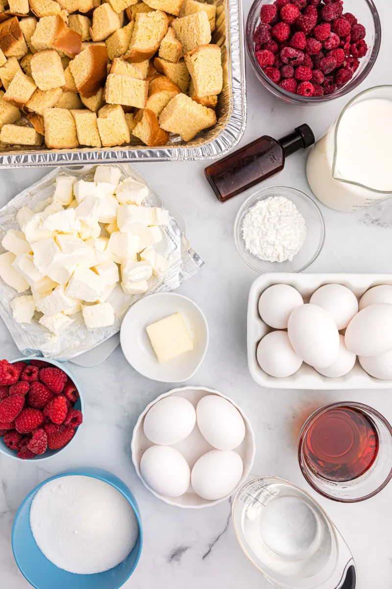 ingredients displayed for making overnight raspberry french toast