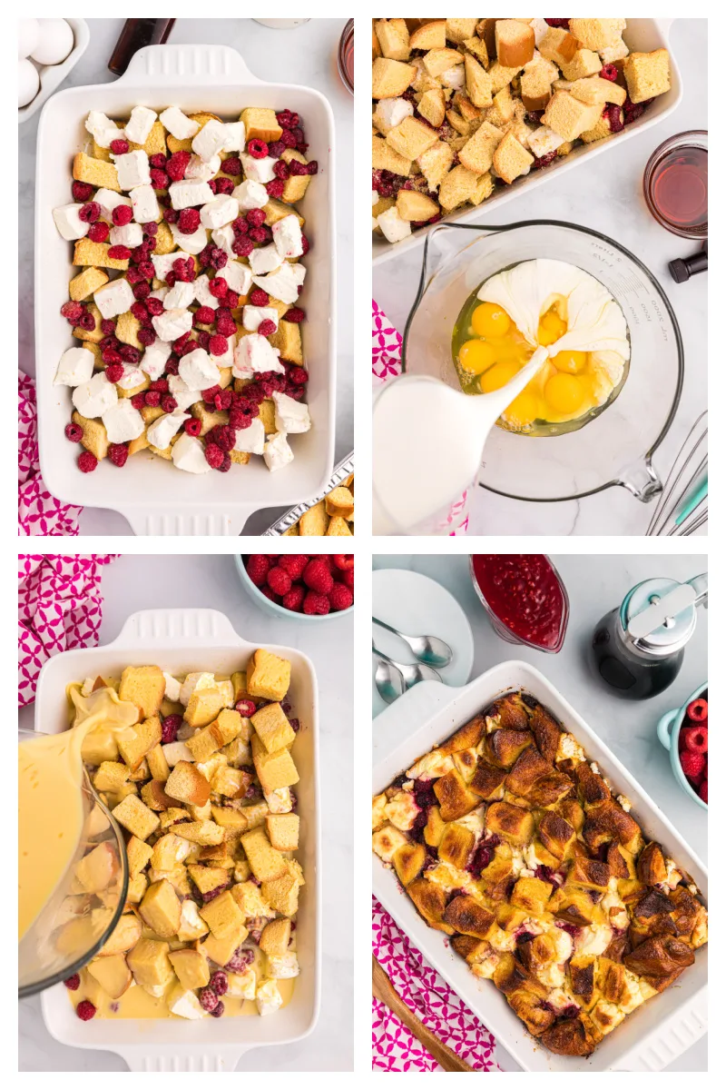 four photos showing how to make overnight raspberry french toast