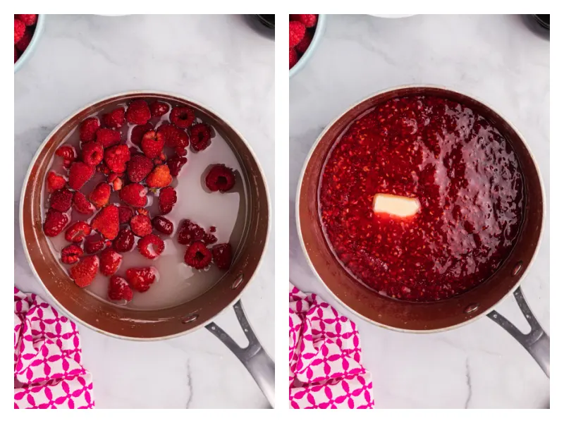 two photos showing how to make raspberry sauce in saucepan