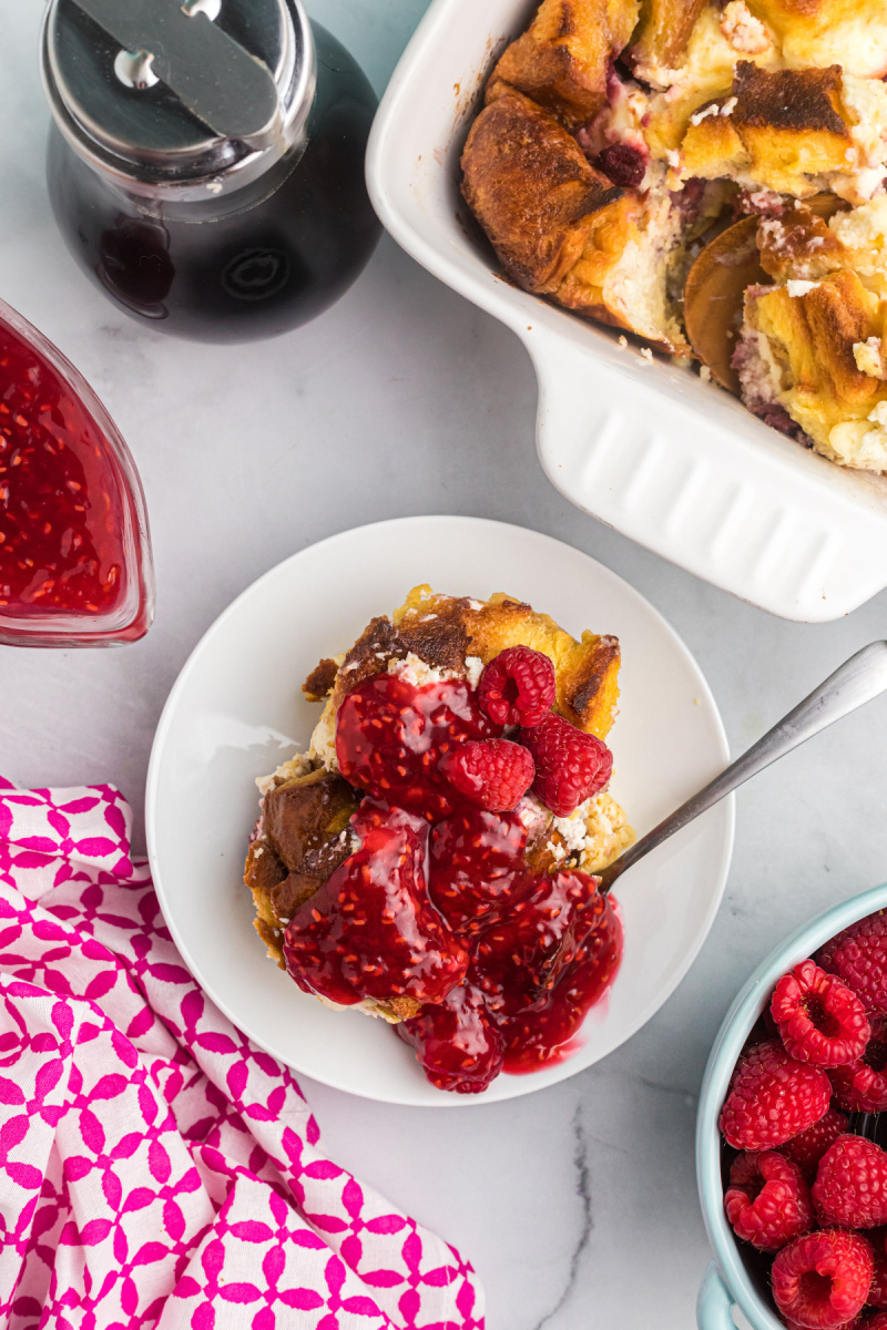 overnight raspberry french toast on a plate