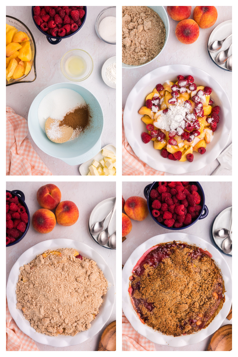 four photos showing how to make raspberry peach crumble