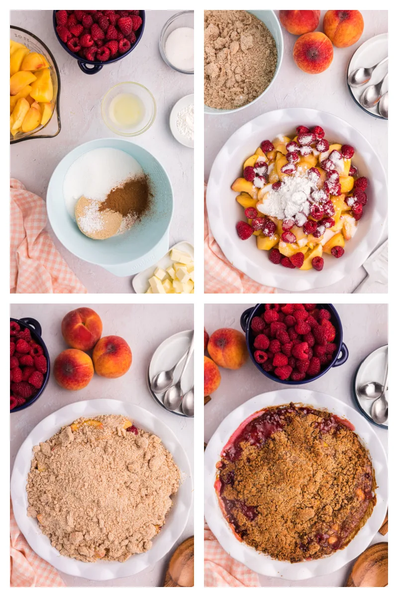 four photos showing how to make raspberry peach crumble