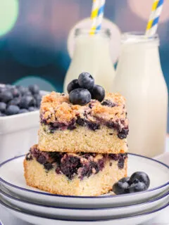 two slices of blueberry buckle stacked