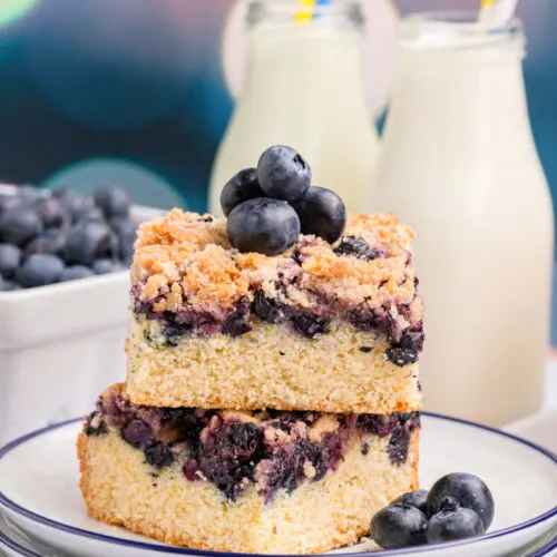 two slices of blueberry buckle stacked