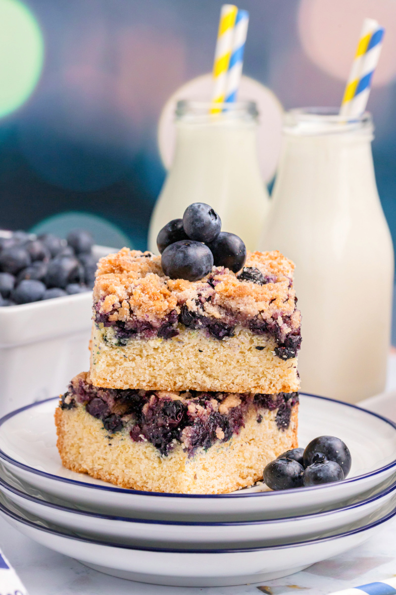 two slices of blueberry buckle stacked