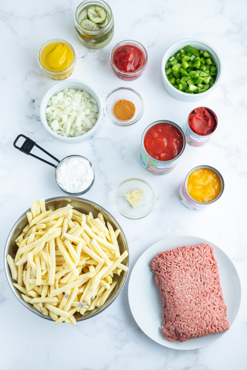 ingredients displayed for making cheeseburger and fries casserole