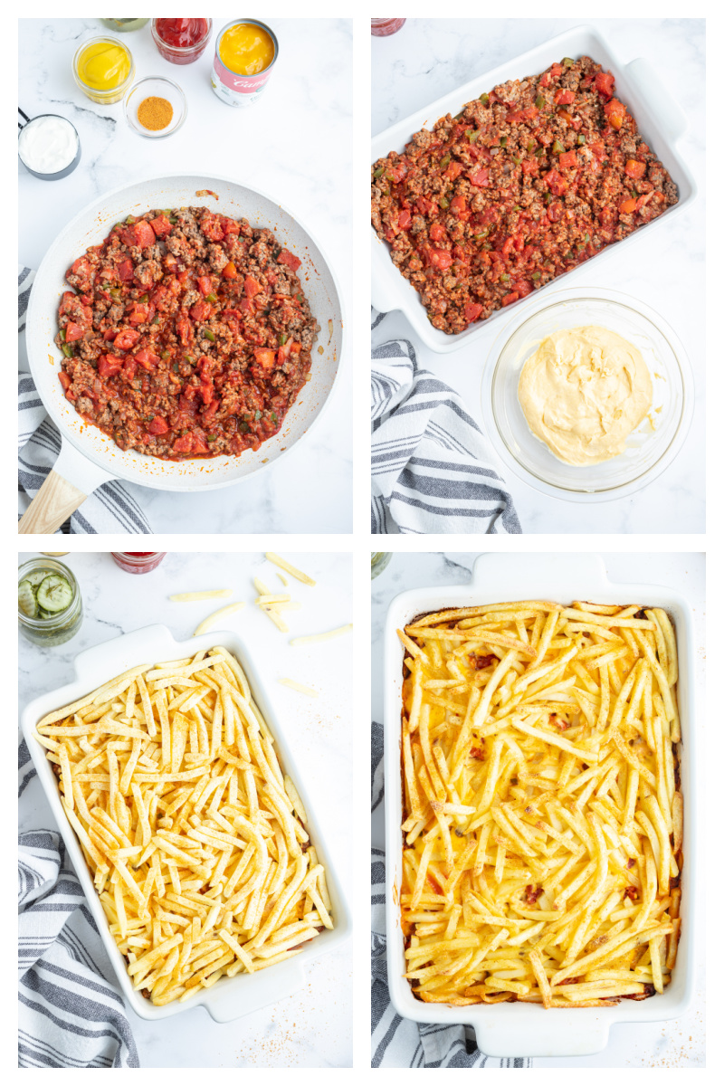 four photos showing how to make cheeseburger and fries casserole