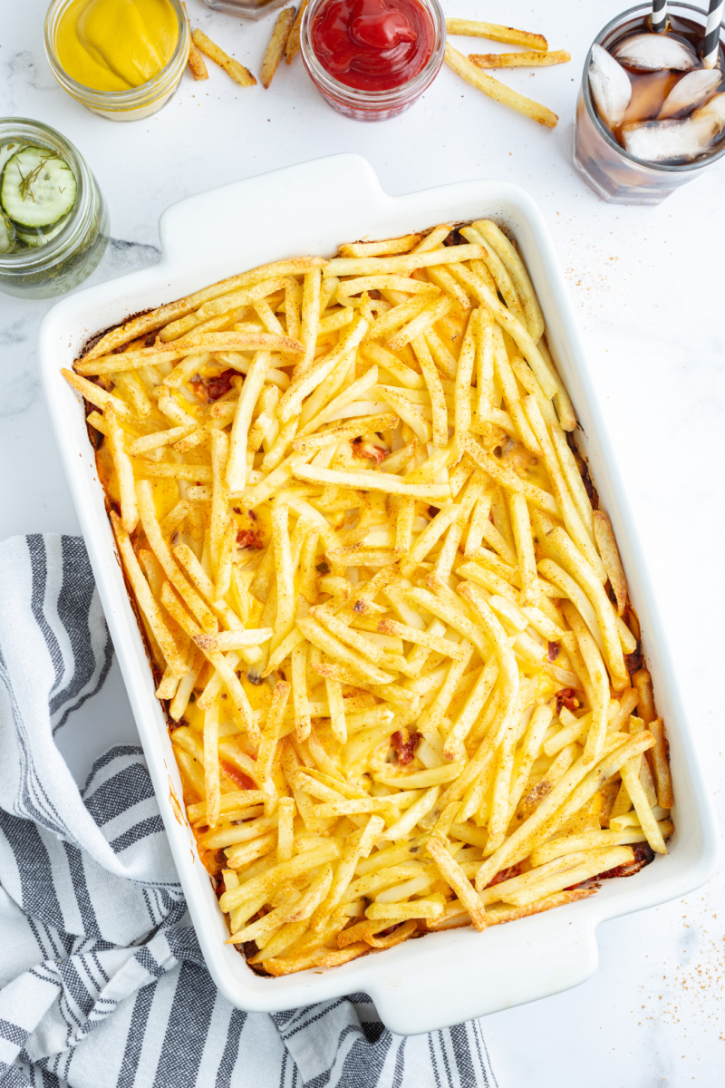 cheeseburger and fries casserole in dish