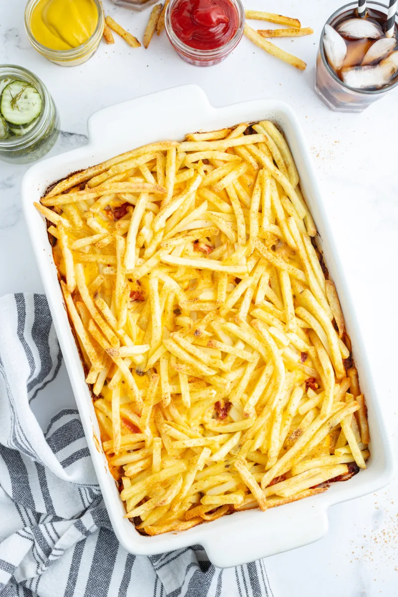 cheeseburger and fries casserole in dish