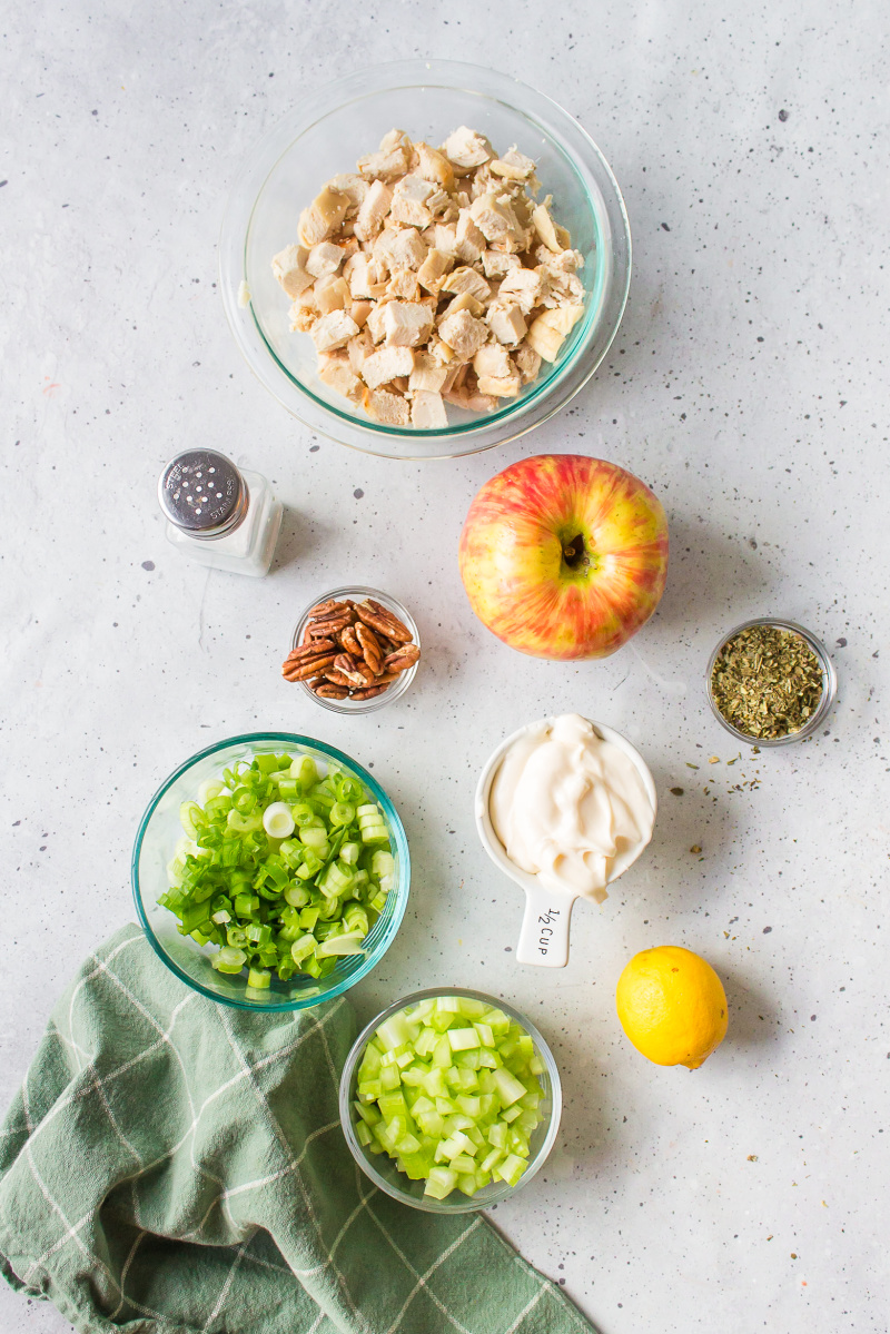 ingredients displayed for making chicken apple salad