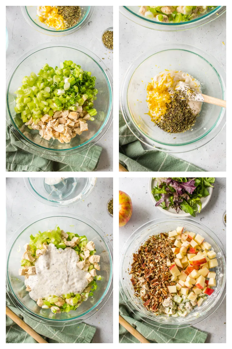 four photos showing how to make chicken apple salad