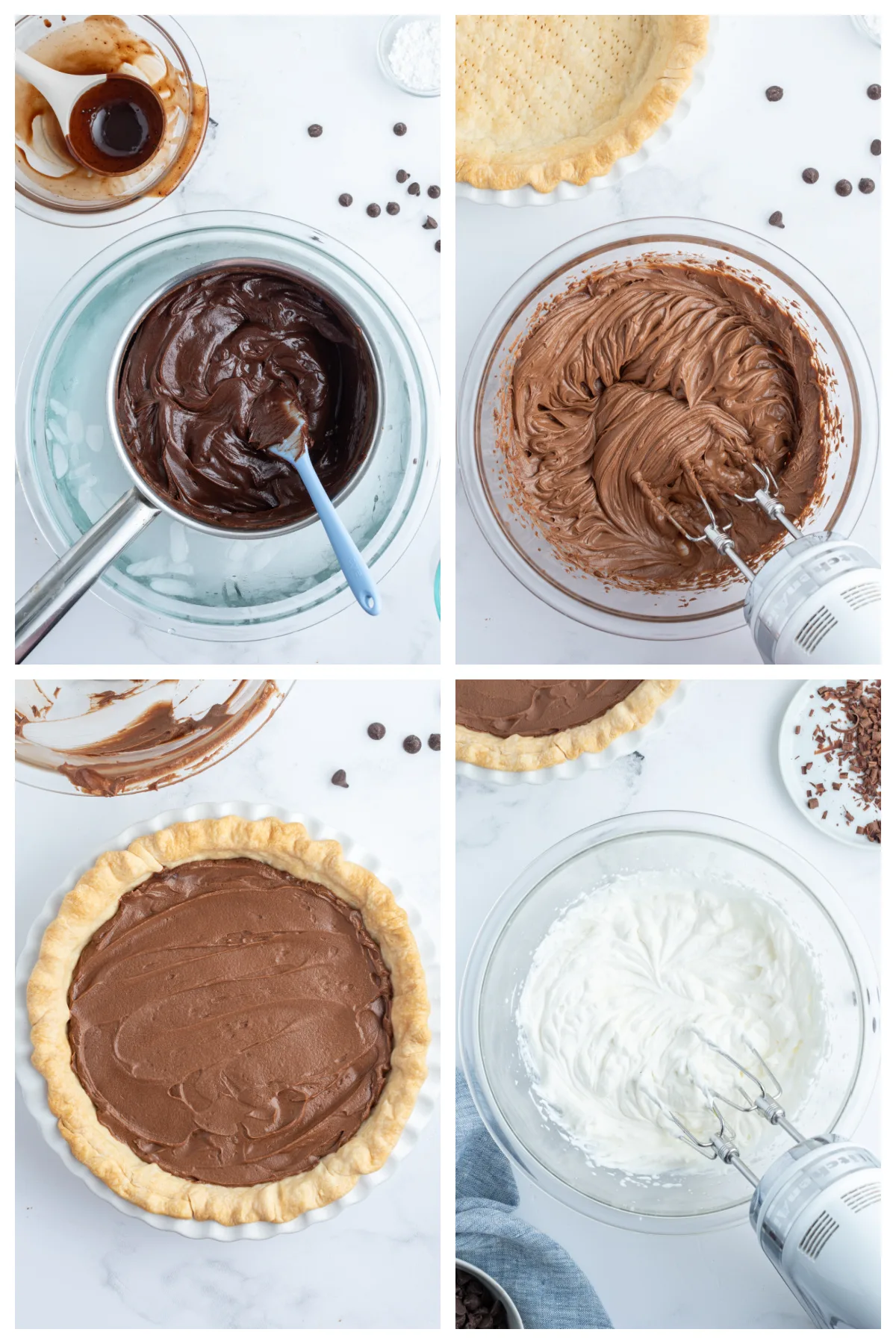 four photos showing how to make french silk pie