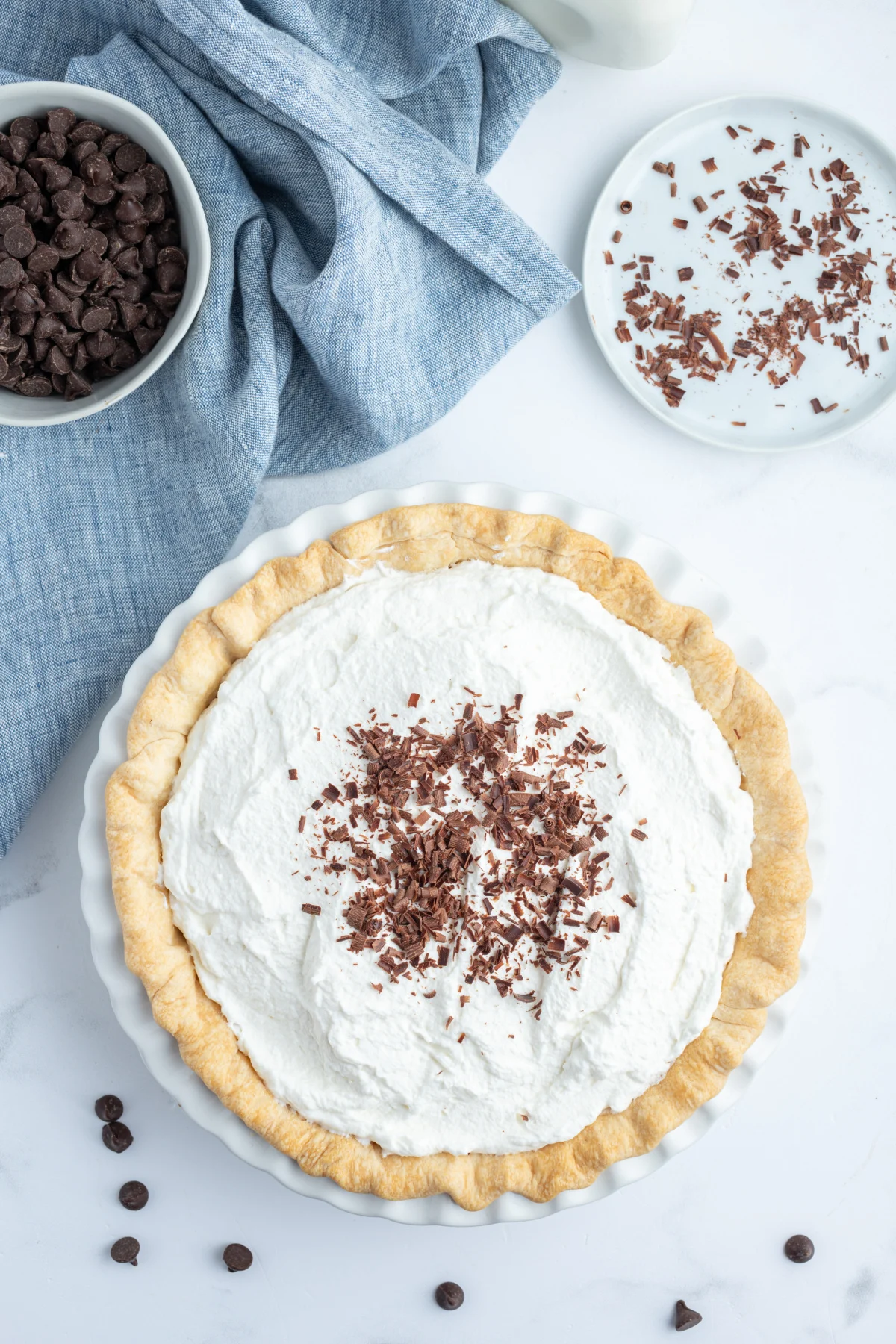 french silk pie overhead shot with whipped cream on top