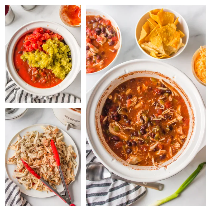 four photos showing how to make slow cooker tortilla soup in slow cooker insert