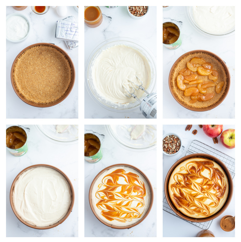six photos showing how to make caramel apple cheesecake