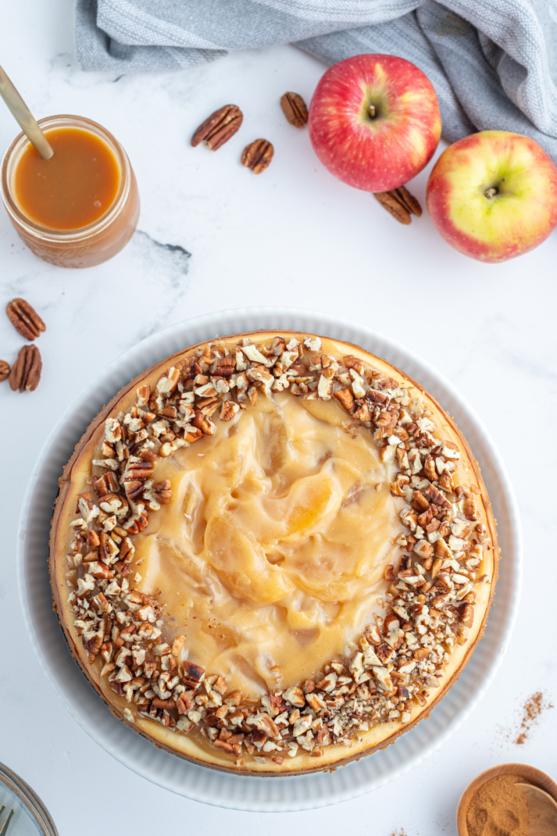 overhead shot of caramel apple cheesecake