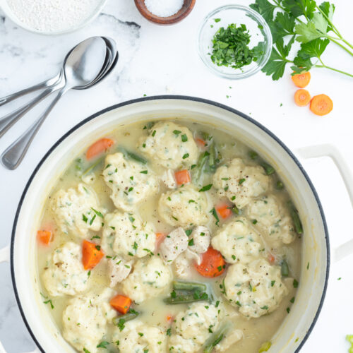 chicken and dumplings in a pot