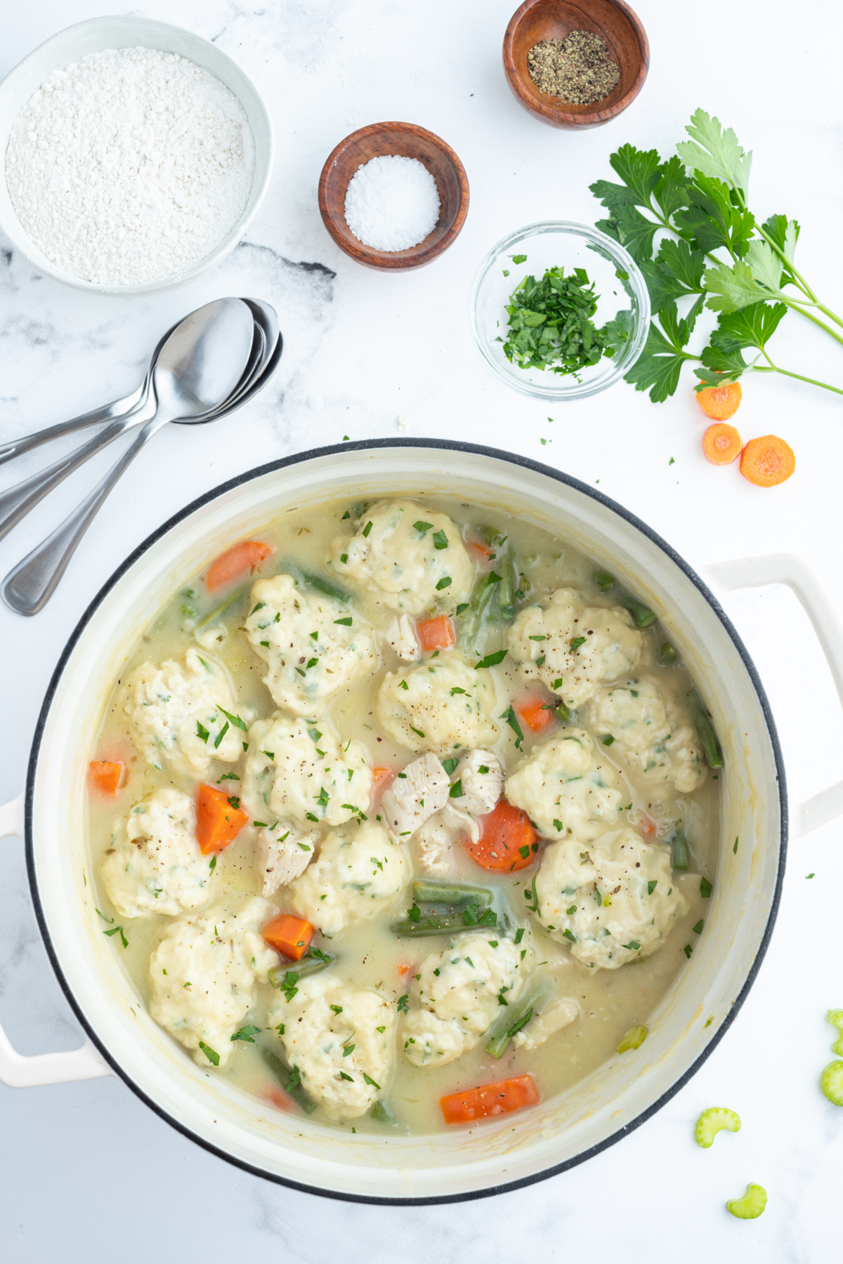 chicken and dumplings in a pot