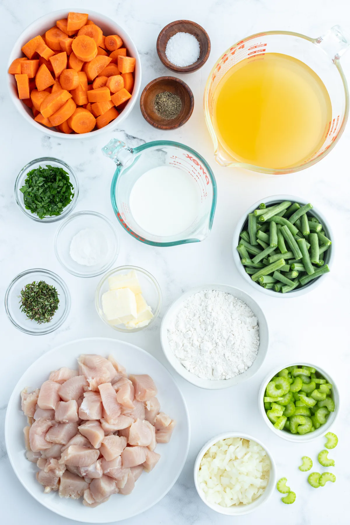 ingredients displayed for making chicken and dumplings