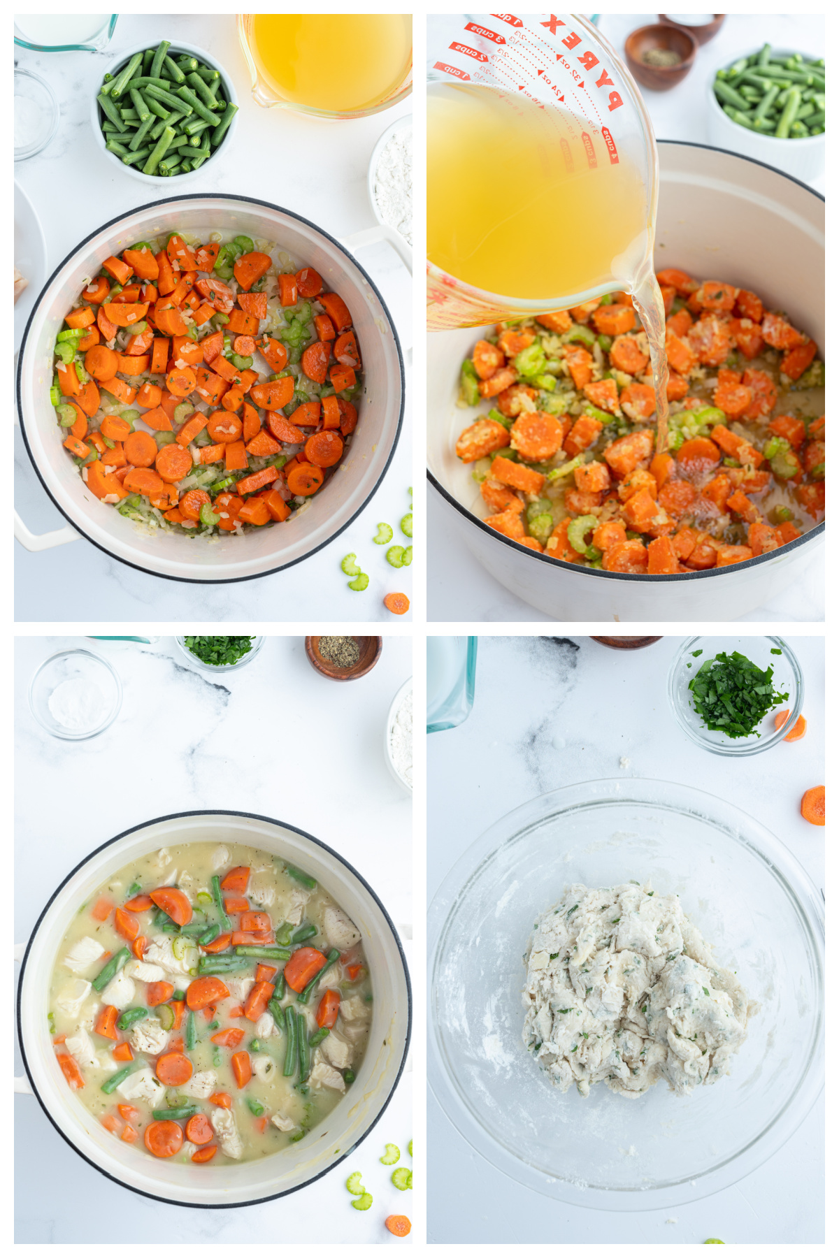 four photos showing how to make chicken and dumplings