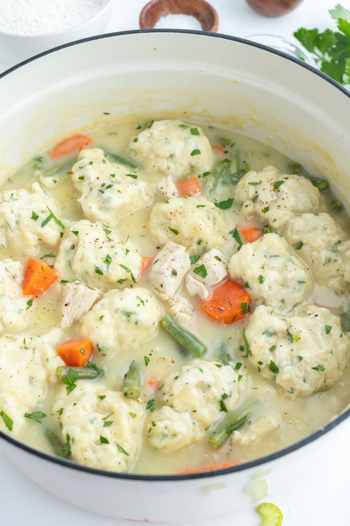 pot of chicken and dumplings