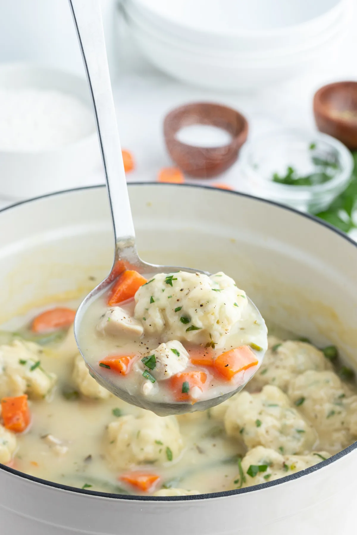 ladling out chicken and dumplings from pot