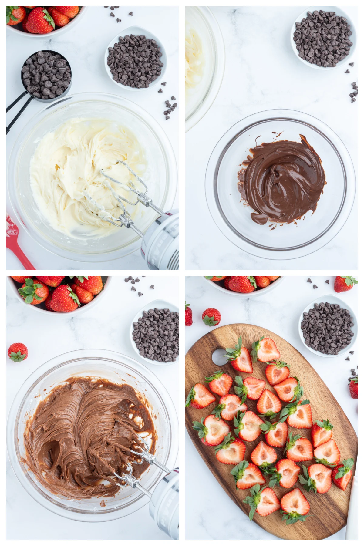 four photos showing how to make chocolate cheesecake strawberry bites