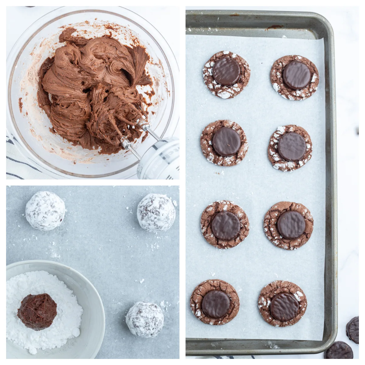 three photos sharing how to make fudgy mint cookies