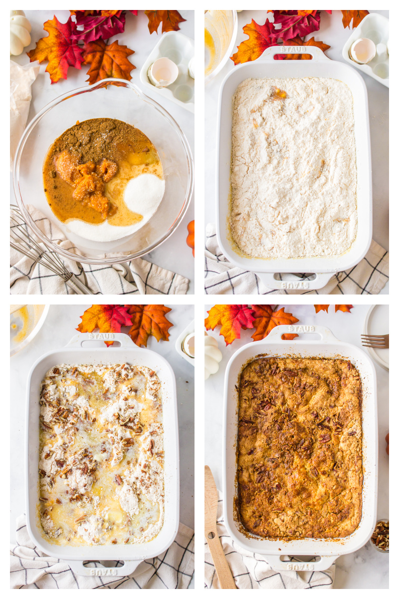 four photos showing how to make pumpkin dump cake