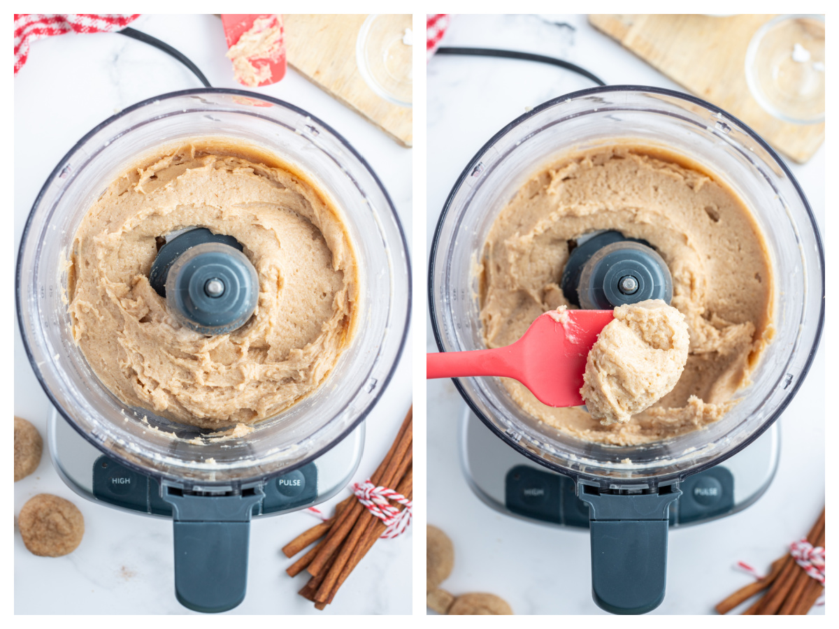 two photos showing making snickerdoodle cookie butter in food processor