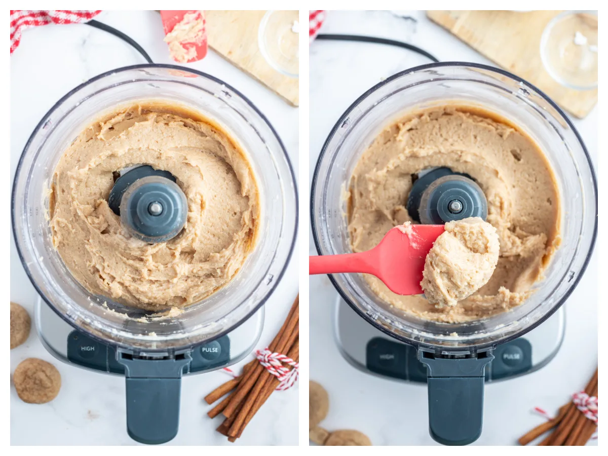 two photos showing making snickerdoodle cookie butter in food processor