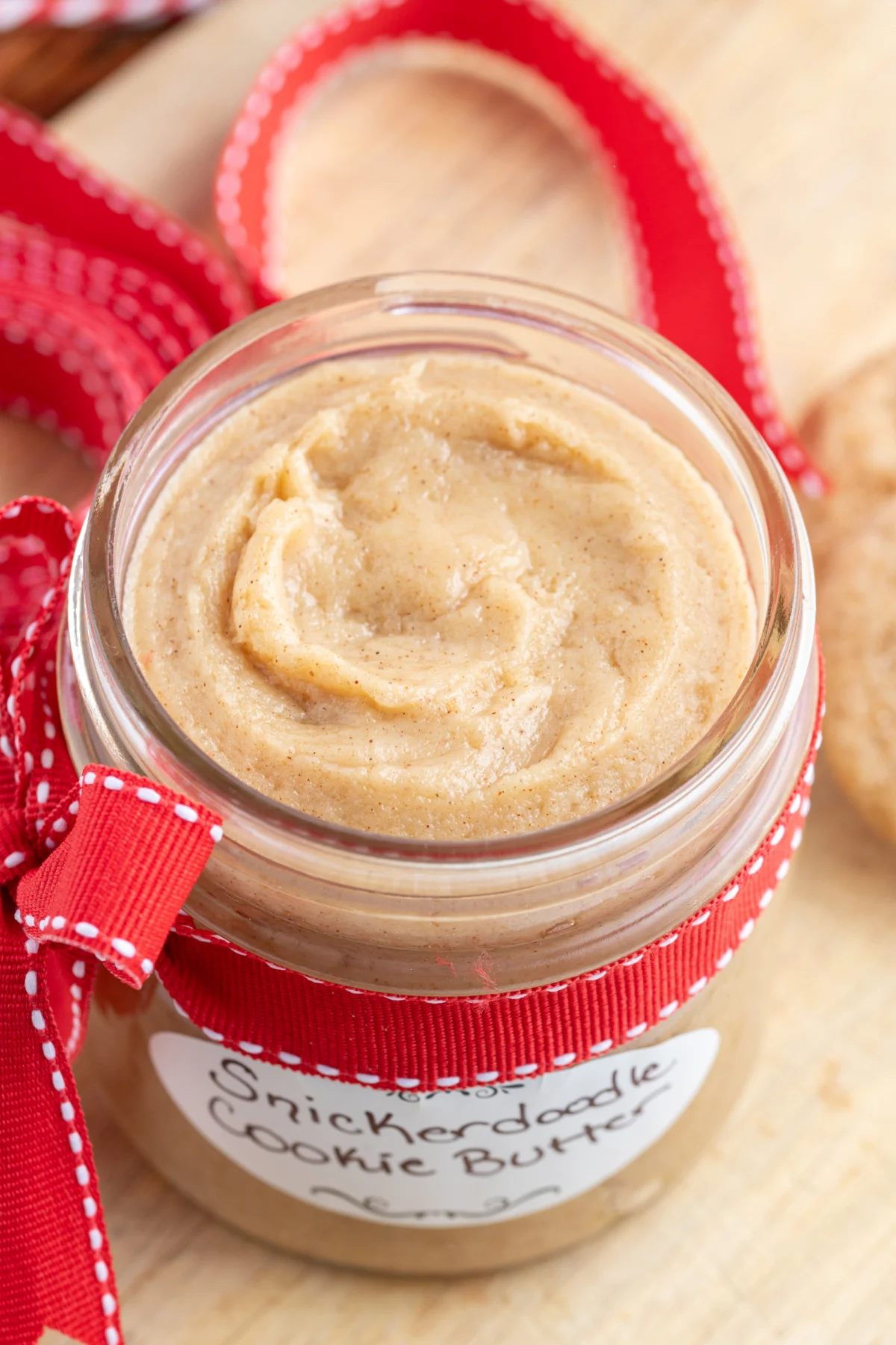 looking into top of jar of snickerdoodle cookie butter