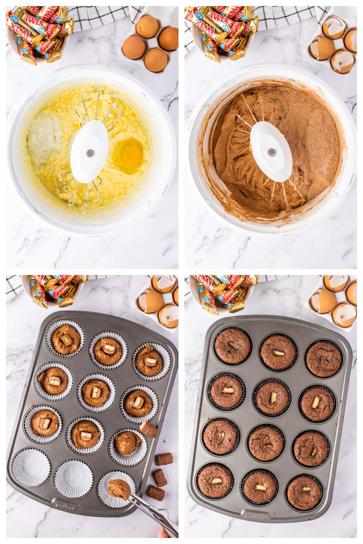 four photos showing how to make twix bar cupcakes
