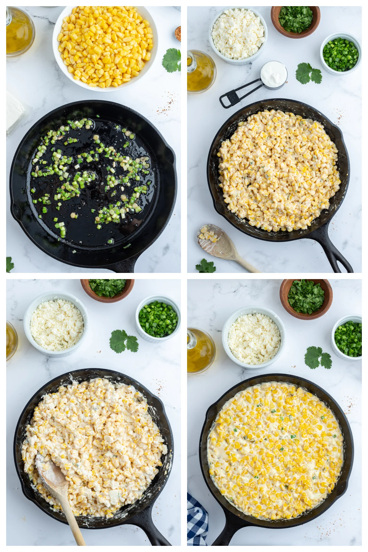 four photos showing how to make baked elote dip