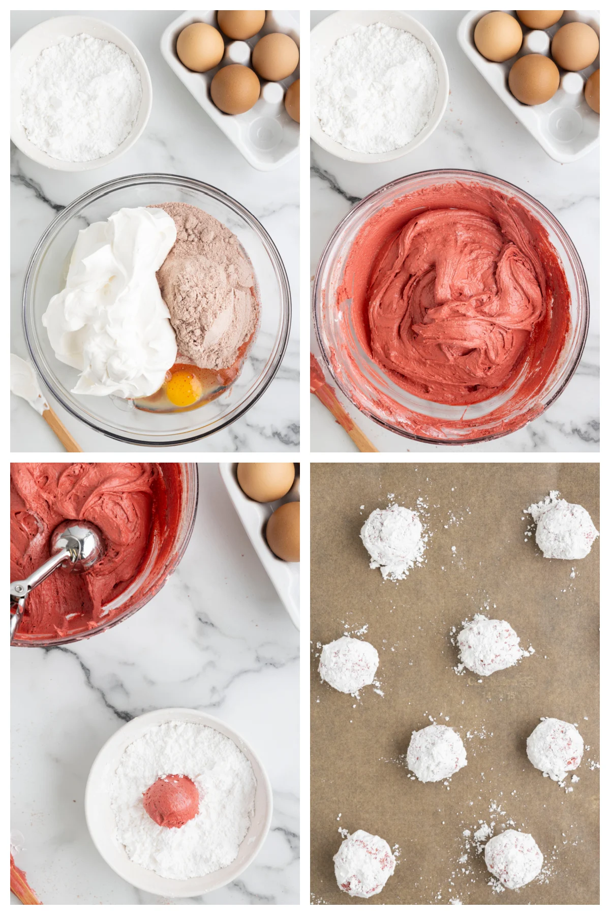 four photos showing how to make red velvet cool whip cookies