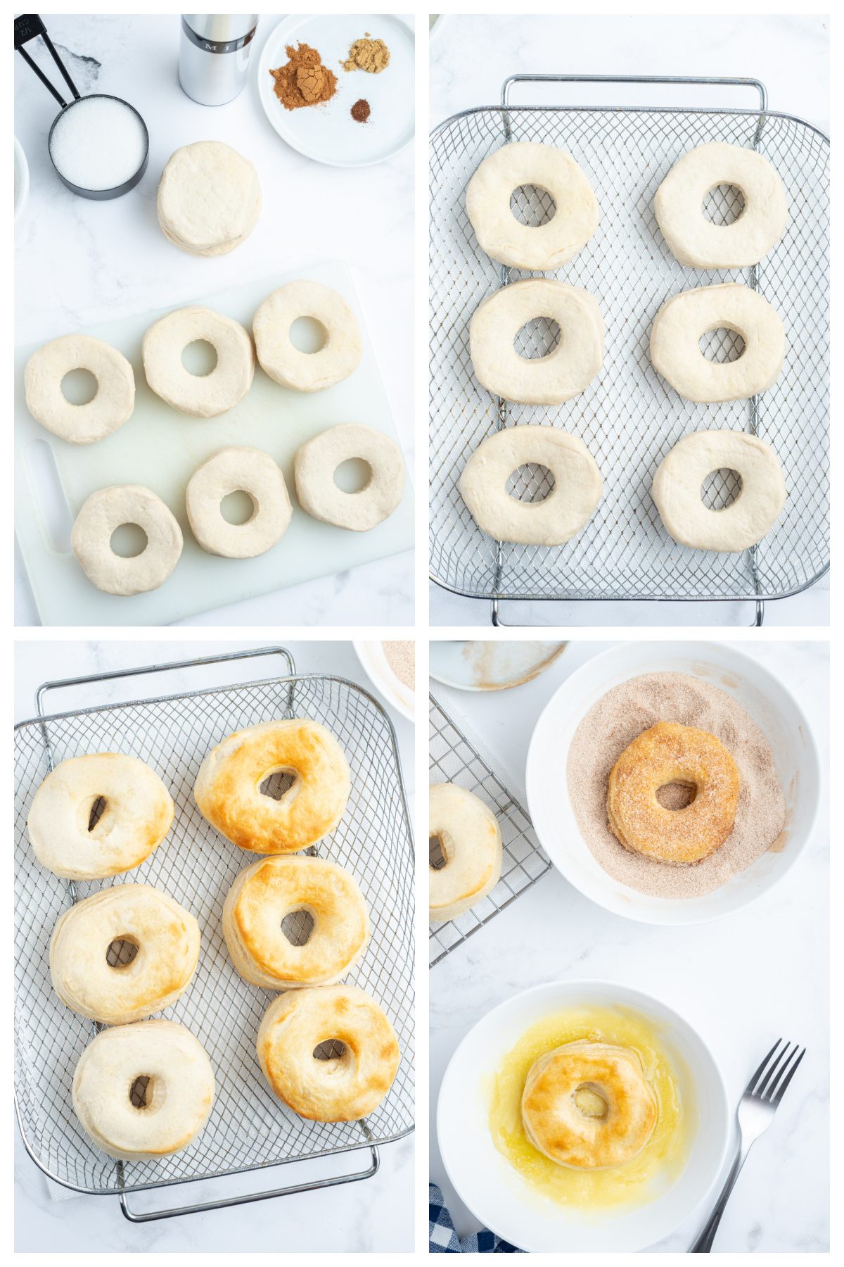 four photos showing how to make air fryer canned biscuit donuts