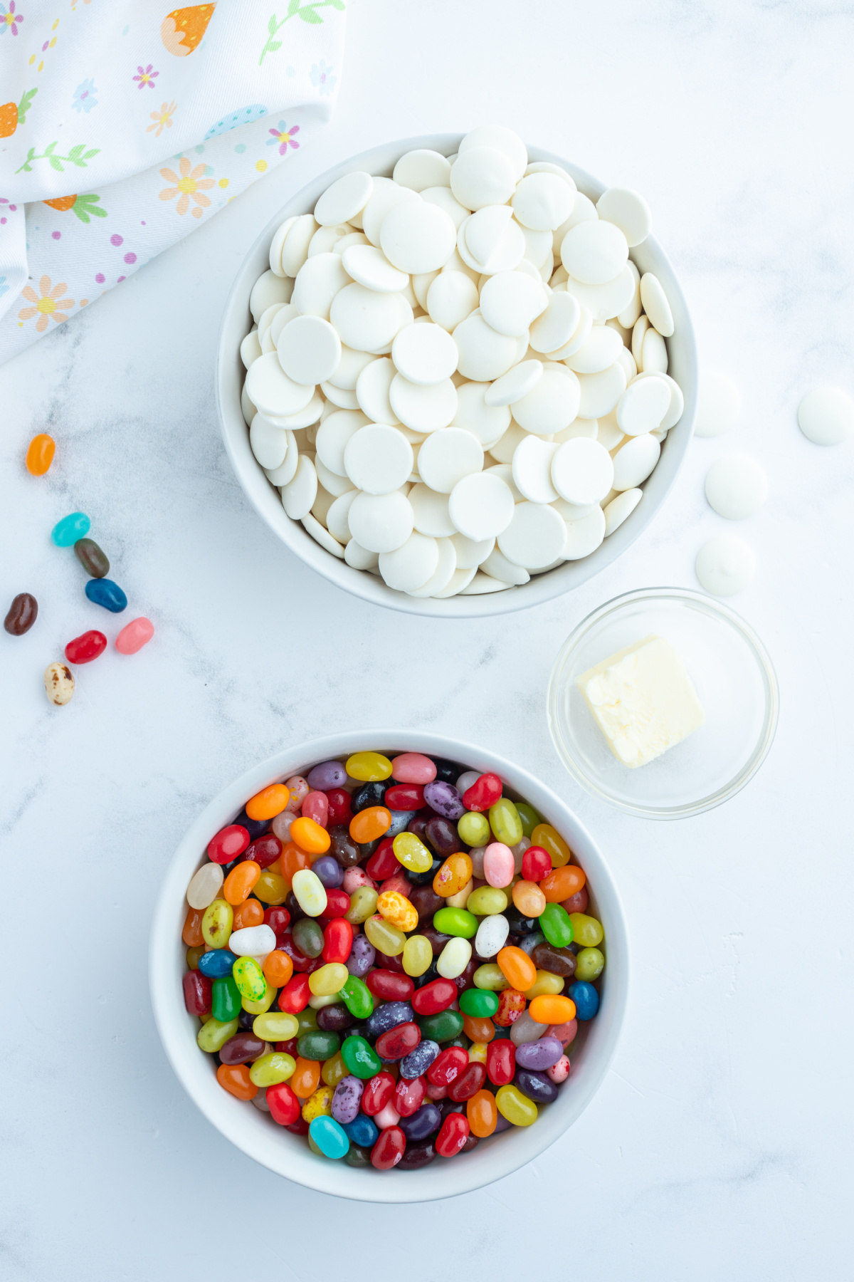 ingredients displayed for making jelly bean bark