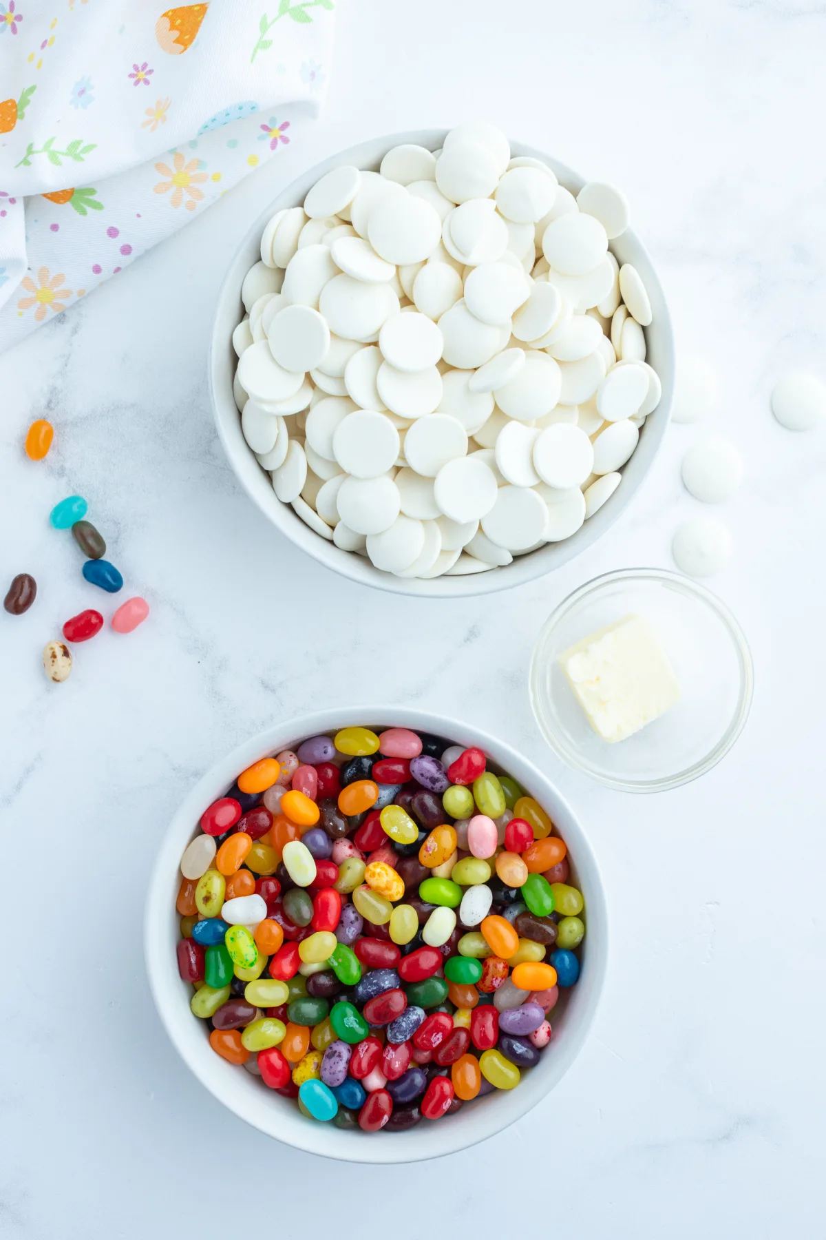 ingredients displayed for making jelly bean bark