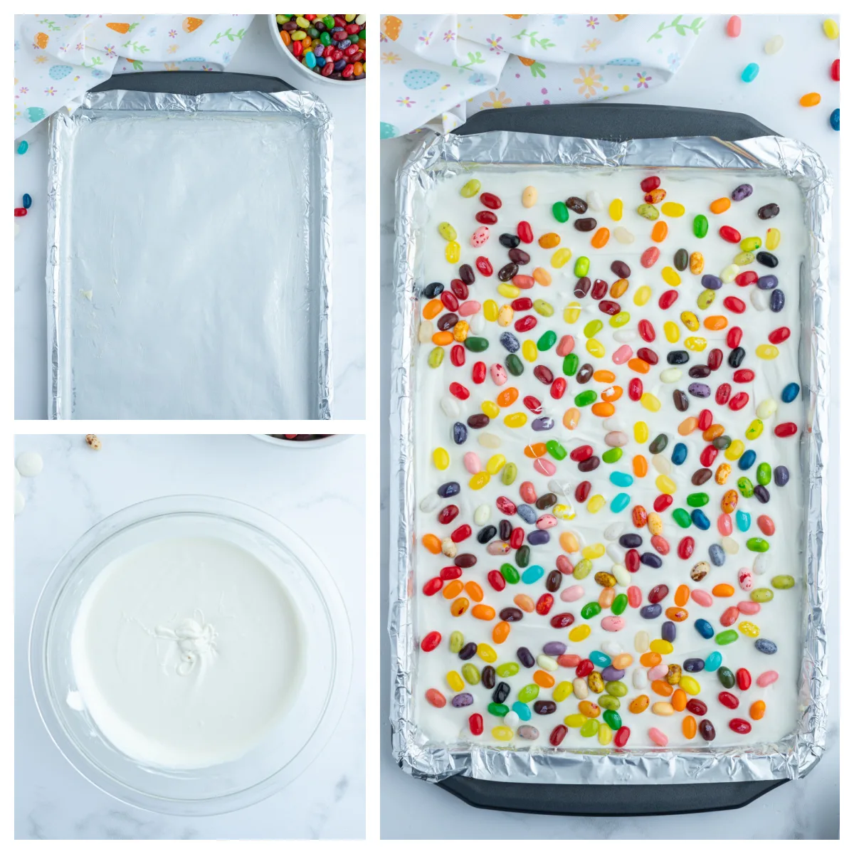 three photos sharing how to make jelly bean bark