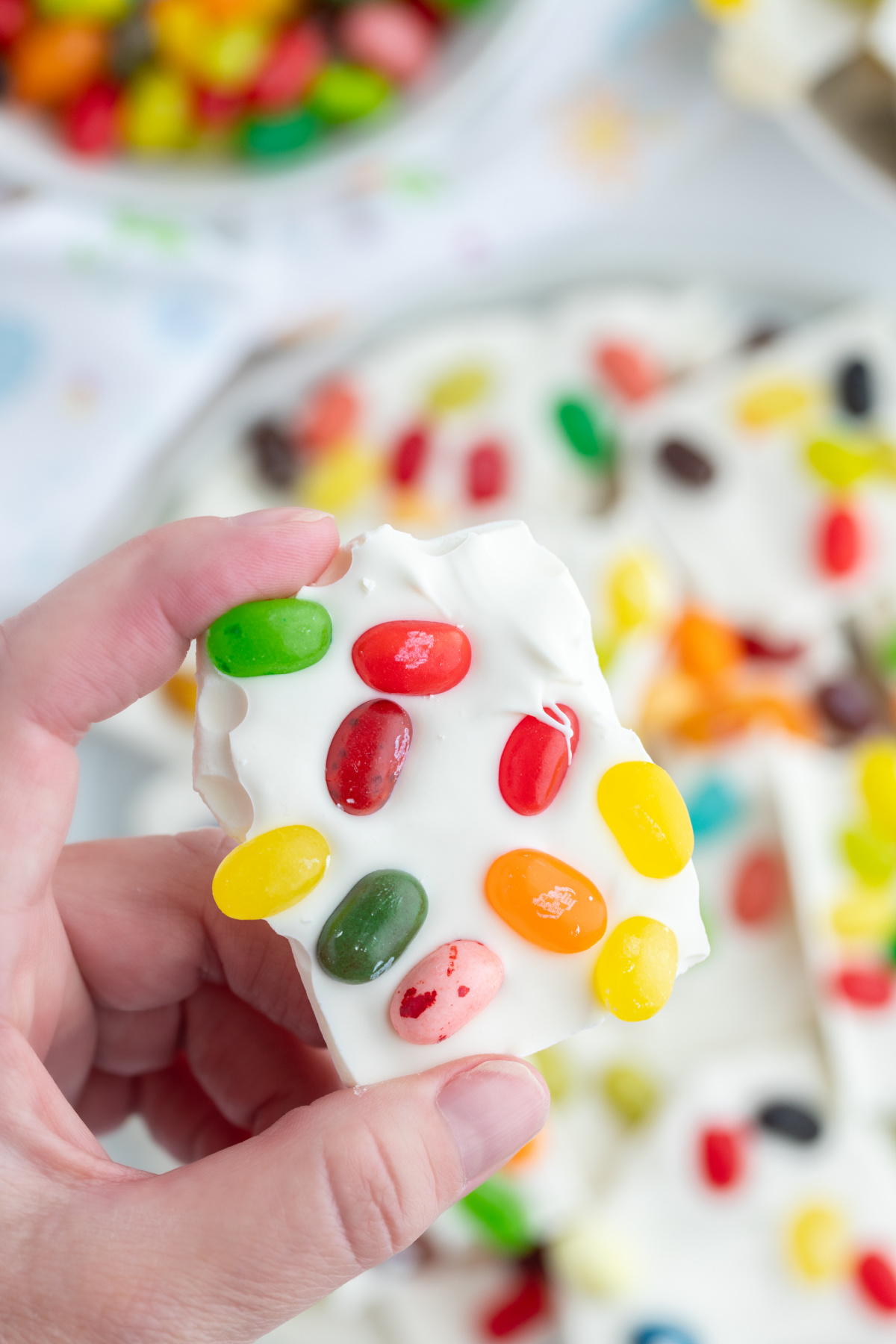 hand holding piece of jelly bean bark