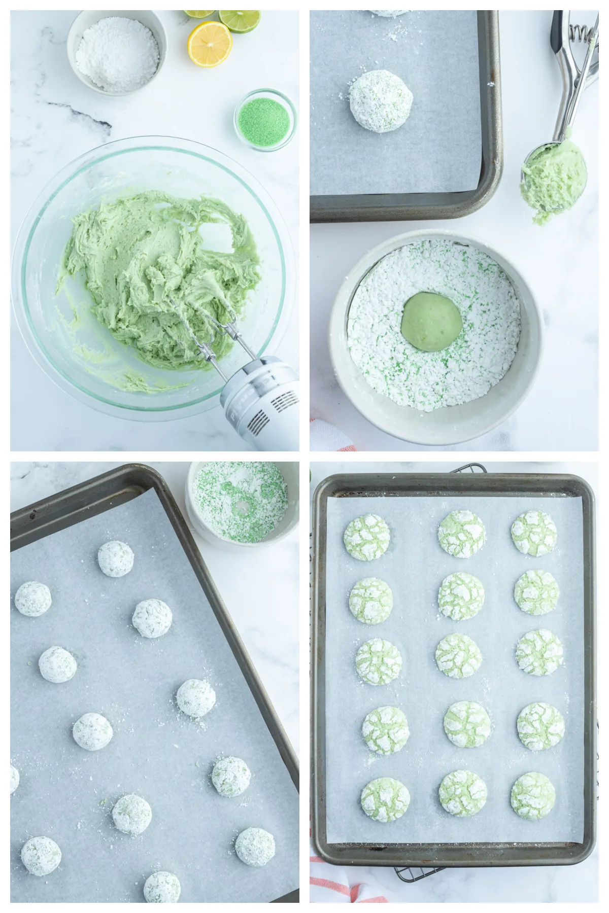 four photos showing how to make lime crackle cookies