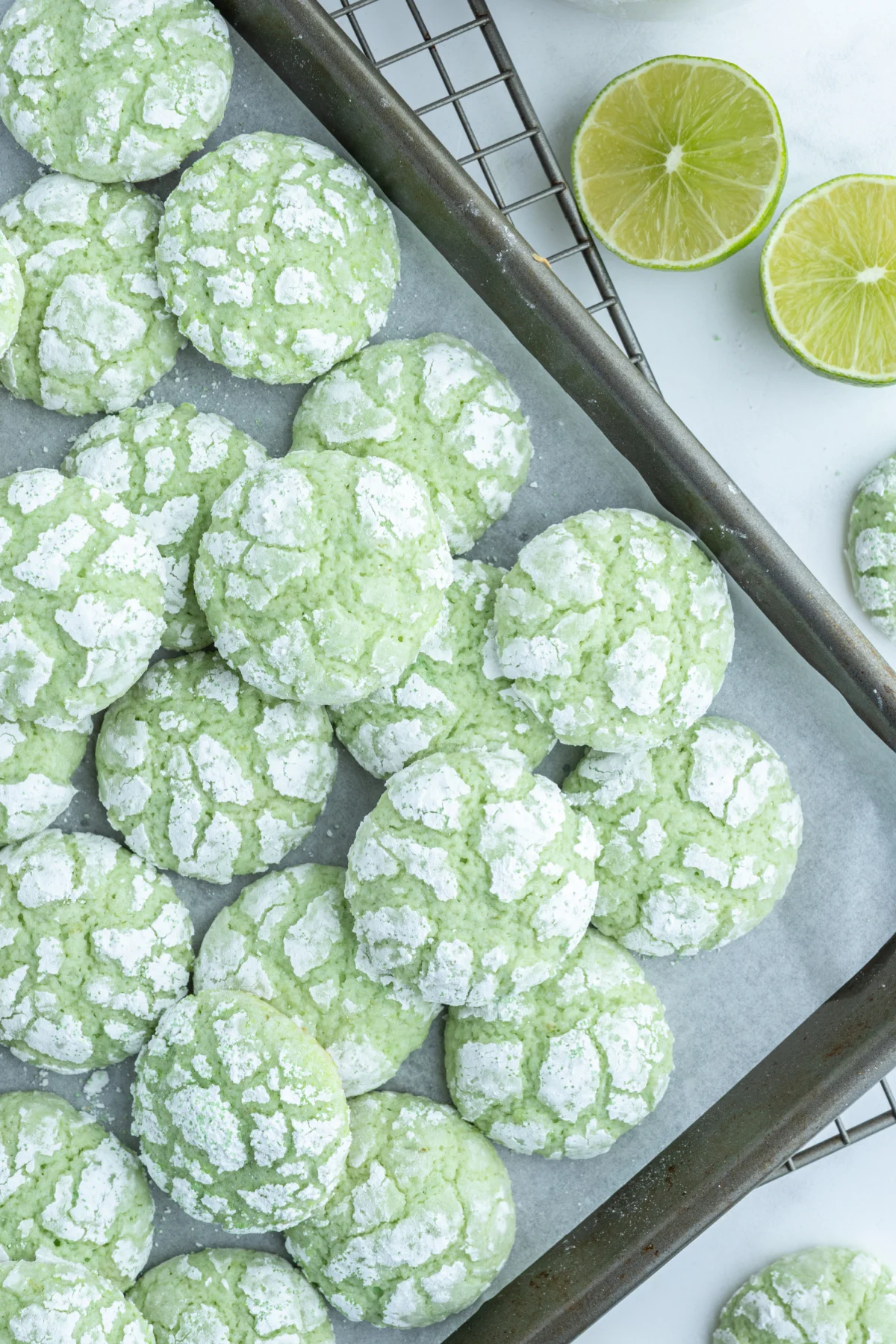 lime crackle cookies on baking sheet