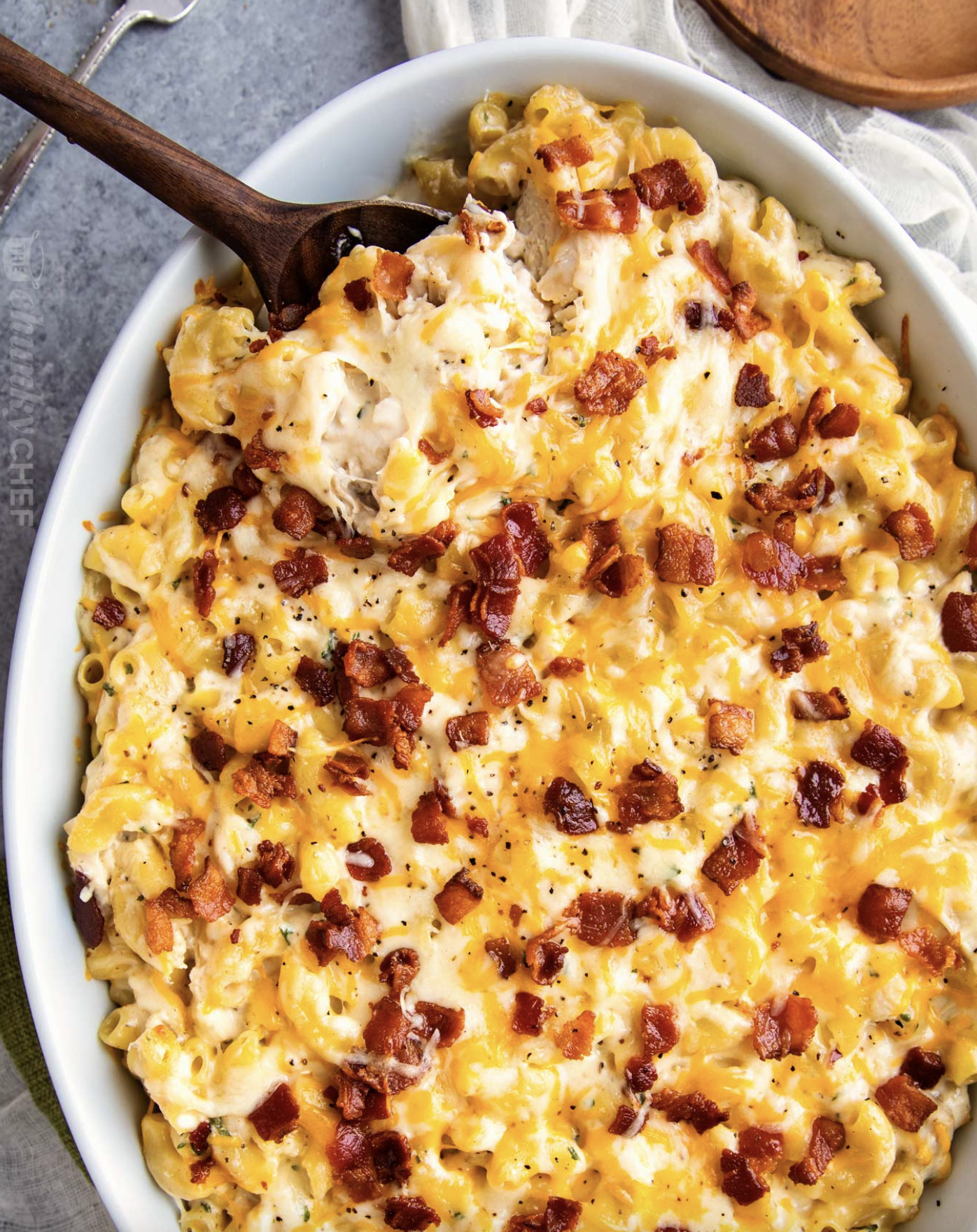 chicken bacon ranch mac and cheese casserole in baking dish