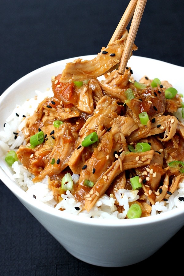 Slow Cooker Hawaiian Sticky Chicken in bowl with rice and chopsticks