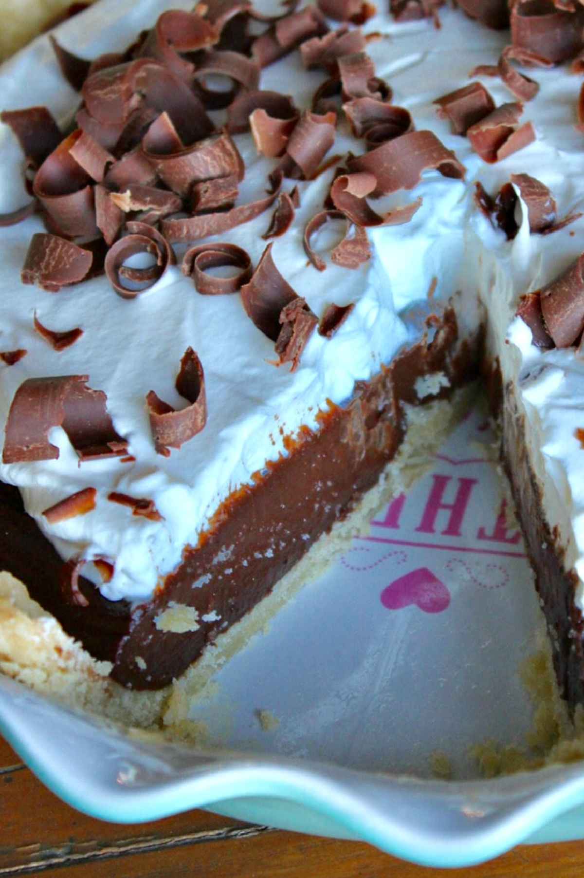 chocolate cream pie with slice taken out